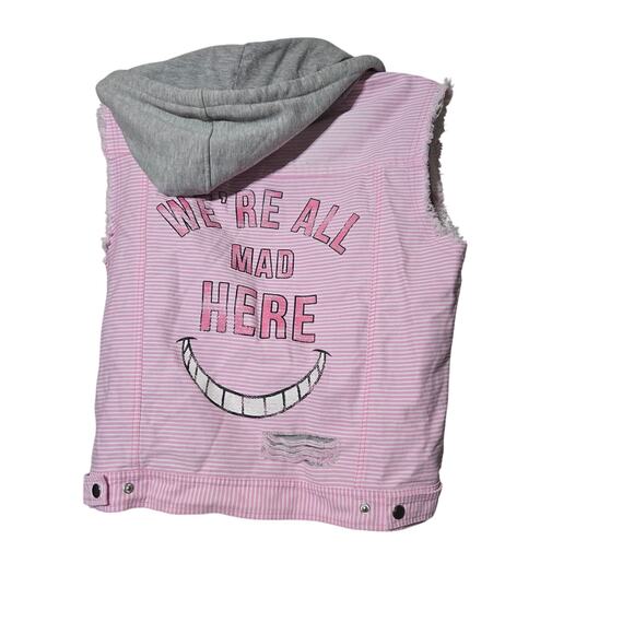 Oh My Disney Women's M “We’re All Mad Here” Pink Striped Distressed Hoodie Y2K M - Picture 10 of 11
